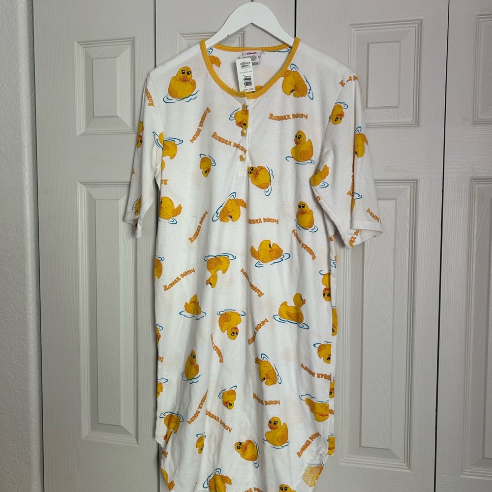 NWT White Rubber Ducky Print Short-Sleeve Nightshirt Pajamas Yellow Trim Ducky